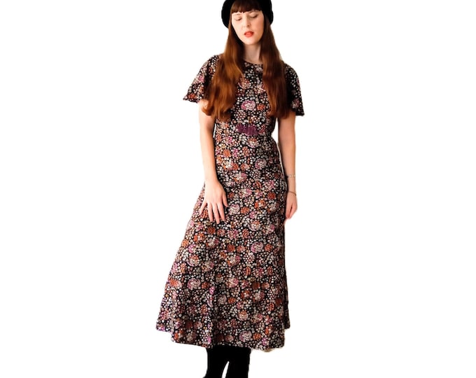 Robe Longue Florale Vintage Années 70 - En soie - Style Bohème Hippie - XS/S (34/36)