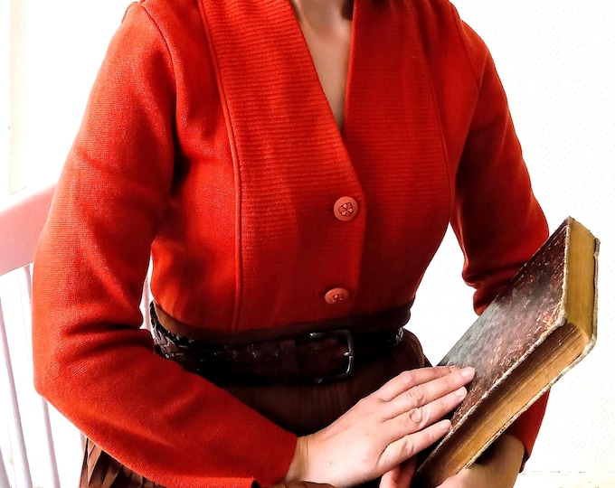 Cardigan Vintage 90s Esprit 1950 Couleur Corail Orangé, Laine, Col Châle et Poches, Gilet Automnal Jeannine Peauporté - Taille 38/40 (M/L)