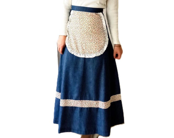 Jupe Longue en Jean Vintage Années 70 - Avec Tablier fleuri - Style Prairie Bohème Hippie - XXS/XS (32/34)