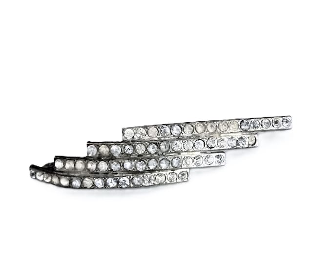 French Antique 1920s Brooch - Art Deco - 4 Silvered Rows & Rhinestones - Nostalgic Jewelry For Her