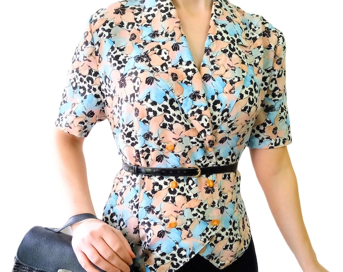 Chemisier Blazer Vintage 80s - Imprimé Léopard Arty & Fleurs - Double Boutonnage - T40/42 (L/XL)