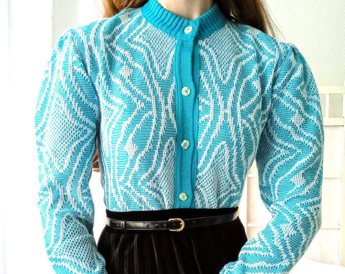 Gilet Manches bouffantes vintage années 80 Motif Étoiles Turquoise – Fabriqué en France – Style rétro fêtes – L/XL (40/42)