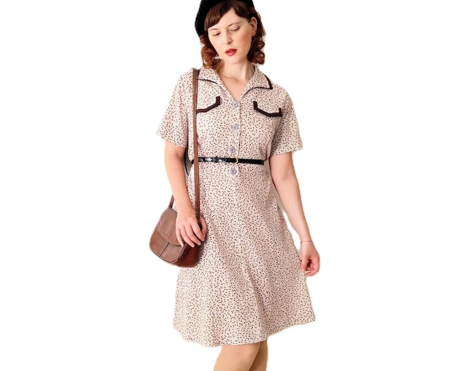 Vintage 70s Autumn Dress - Boho Leaf Print - Beige & Brown – Knee Length – XL/XXL