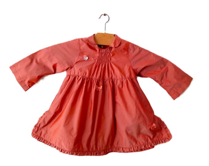 Vintage Red Baby Girl Dress 18 Months – Butterfly Pattern Satin Fabric – Ceremony, Party, Birthday – 80s Style – Catimini Brand