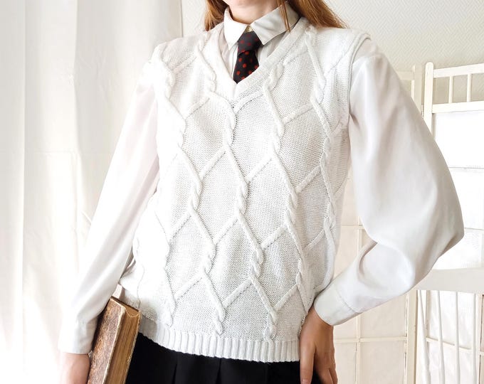 Pull sans manches blanc vintage 80s style 30s 40s, pull col V torsades et losanges, esprit preppy gentleman unisexe, taille XL/XXL (42 44)