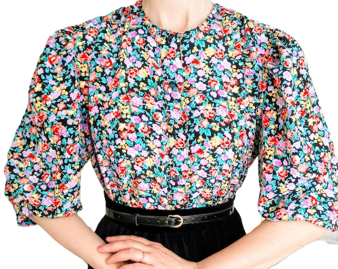 Chemisier Floral Manches Bouffantes Vintage 80s Thérèse Baumaire - Style Années 40 - Made in France - 3×L/4×L (46/48)