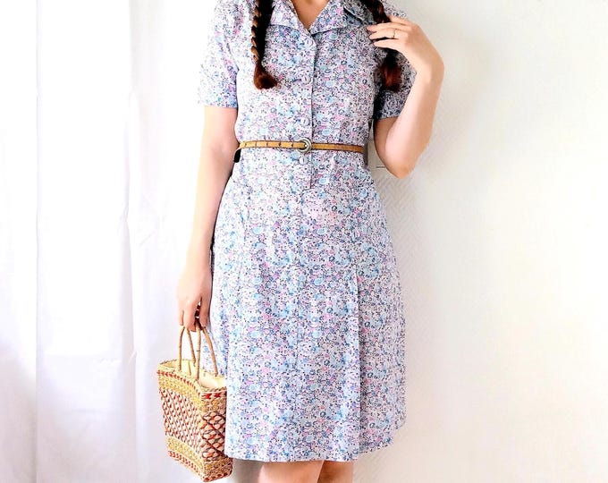 Robe d’été vintage fleurs des champs en coton fait main années 70 style années 40 avec poches champêtre M (38)