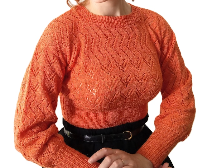 Vintage 70s Autumn Orange Jumper - Handmade - Openwork Crochet Knitting - Retro Style - M/L