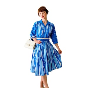 Retro Blue Striped Midi Dress – Graphic Print - Vintage 1980s – Colorful and Elegant