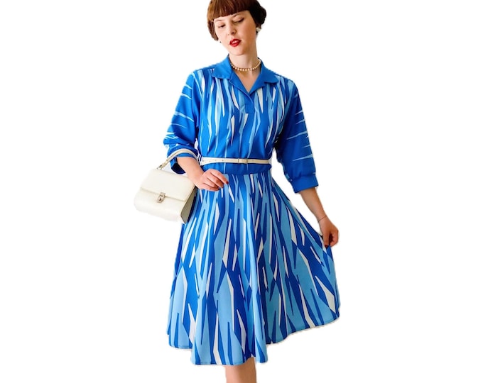 Retro Blue Striped Midi Dress – Graphic Print - Vintage 1980s – Colorful and Elegant