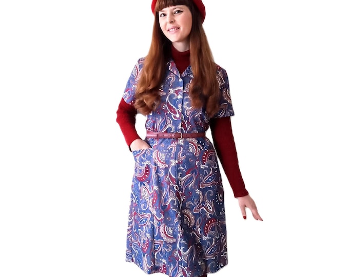 Vintage 70s Floral Paisley Dress - Knee-Lenght - Boho Hippie Style - L/XL