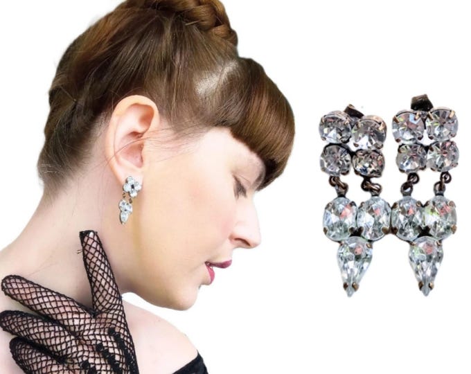 Vintage 1940s-1950s Dangling Earrings in Brass with Rhinestones, Art Deco Style - Retro Nostalgic Women's Gift