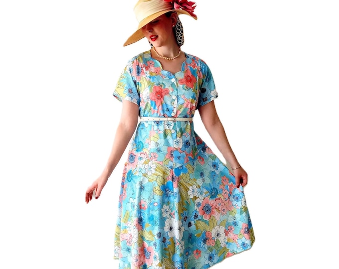 Retro Floral Pin-Up Dress – Large Size - 1940s Pin-up Inspired - Soft Pastel Colors - Vintage 90s - Size XXXL