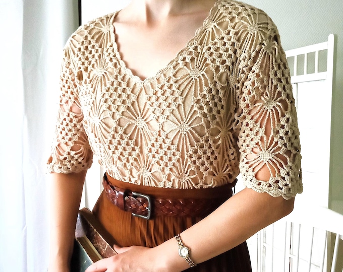 Pull manche courte grande taille vintage 90s Damart beige - Crochet floral et géométrique superposé 46 XXXL