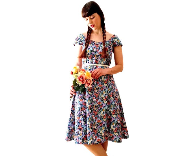 Robe Midi Rétro Cottage Floral en Coton – Style Années 40 & Pin-up – Vintage Années 70 – Taille M/L (38/40)
