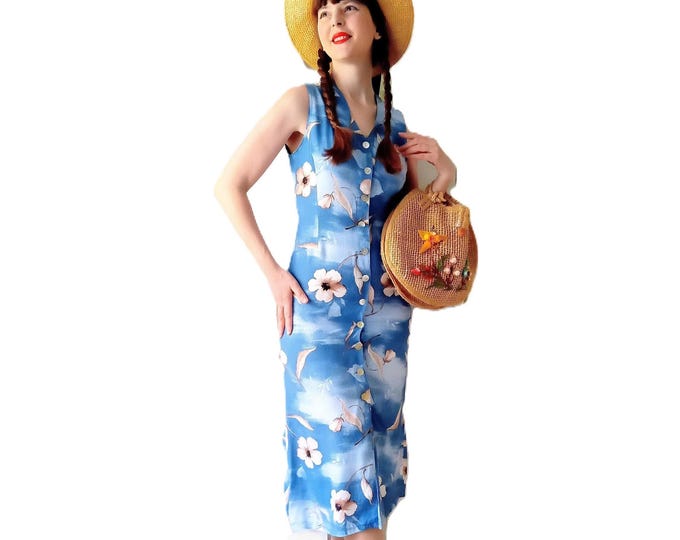 Robe Longue Vintage Années 90 Style 50s Motif Floral Poétique Bleu et Blanc Viscose Made in France S (36)