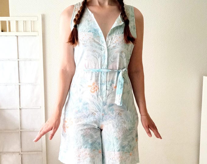 Combishort Combinaison Barboteuse Floral Rétro - Look De Plage Esprit Sixties - Vintage Années 80 - L (40)