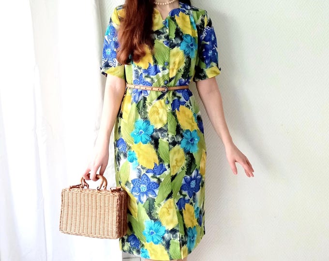Robe Vintage 80s Esprit Pin-up 40s, Motif Floral Jaune & Bleu, Col Festonné, Coupe Midi, Fabriqué en France, L (40)