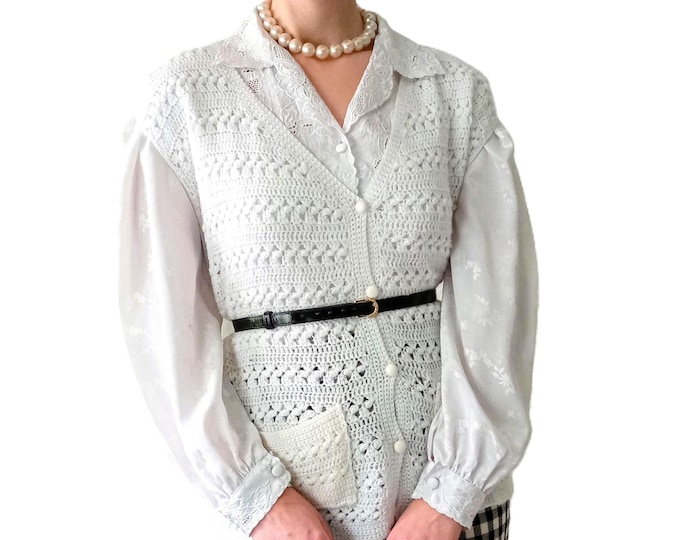 Gilet Vintage Années 70 en Crochet Blanc Tricoté Main – Grande Taille – Style Hippie Bohème Cottagecore – Cardigan Seventies - 5×L (50)