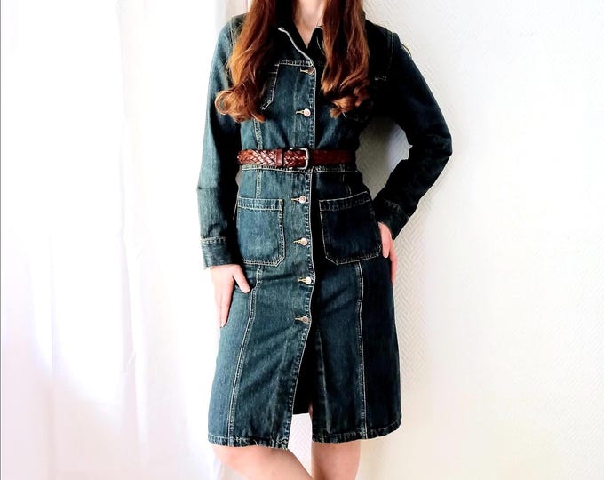 Robe en Jean Vintage Années 90/2000 Tipster - Robe Denim Longue Style 70s Drôles de Dames, Veste Longue Jean Boutonnée - M/L (38/40)