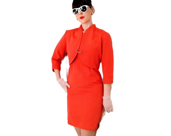 Ensemble Tailleur Vintage Alouette Paris Corail - Robe Fourreau & Boléro - Style Années 60 - Fabriqué en France - Cérémonie Mariage - S(36)