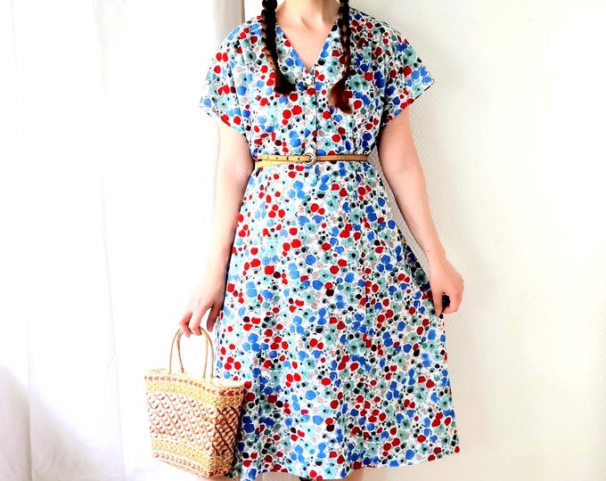 Robe vintage grande taille Paul Mausner années 80 style rétro années 40 floral multicolore XXXL (46)