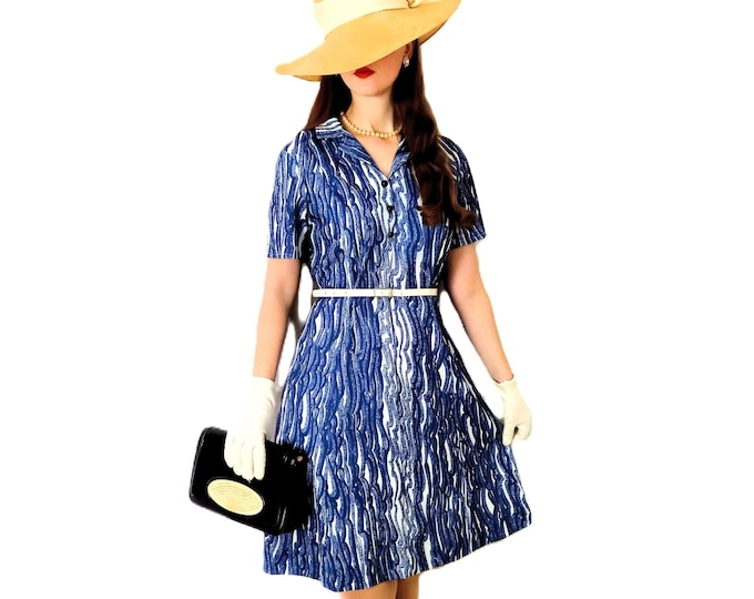 Robe Bleue Motif Vagues Vintage Style Bord de Mer — Esprit Rétro Années 40 — Années 70 80 — Motifs Psychédéliques — L/XL (40/42)