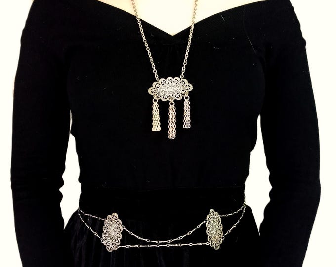 Boho Chain Belt and Pendant Necklace – Vintage 1970s – Victorian Medieval Hippy Style – Silver
