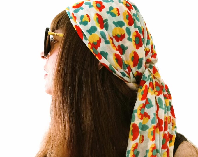 1970s Vintage Colorful Floral Scarf – Boho Hippie Style –  Festival Accessories