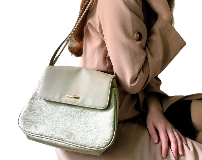 Sac à main Vintage Années 80 Gris Taupe Multi-poches | Besace Rétro Aspect Cuir Grainé | Sac Bandoulière 7 Compartiments | Style Bohème