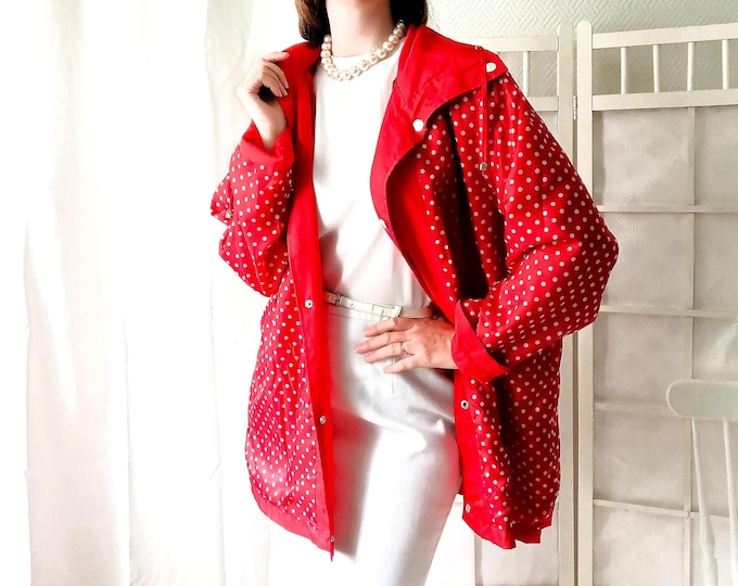 Imperméable Vintage 90s Rouge à Pois & Uni 2 en 1 - Manteau Pluie Rétro Chic style 50s Oversized Grande Taille 50/52