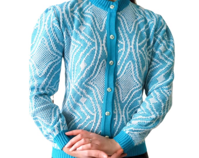 Vintage 80s Puffing Sleeves Cardigan Turquoise Stars Pattern – Made in France – Retro Festive Style – L/XL
