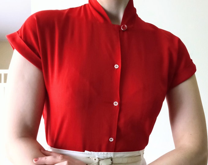 Vintage 80s red blouse T36/38 50s style // Vintage 1980's does 50's S/M red shirt