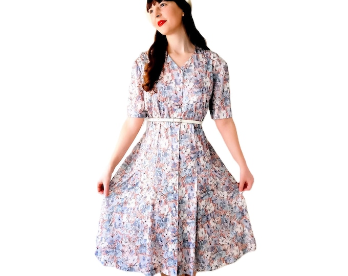 Robe Midi Vintage Années 70 à Fleurs Gris et Rose – Style Rétro Années 40 Élégante – Grande Taille 3XL/4XL (46/48)