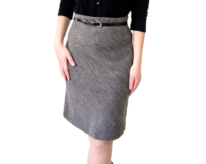 Jupe Maille Hiver Rétro Longueur Genou - Marron & Beige - Vintage Années 90 - Style Années 40 - L/XL (40/42)