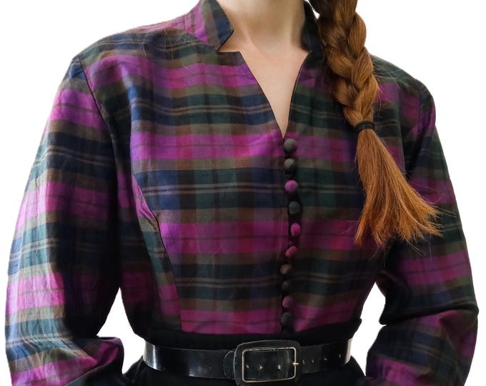 Tartan Silk women Blouse - Made in France - Vintage 1980's - Retro Style - L/XL