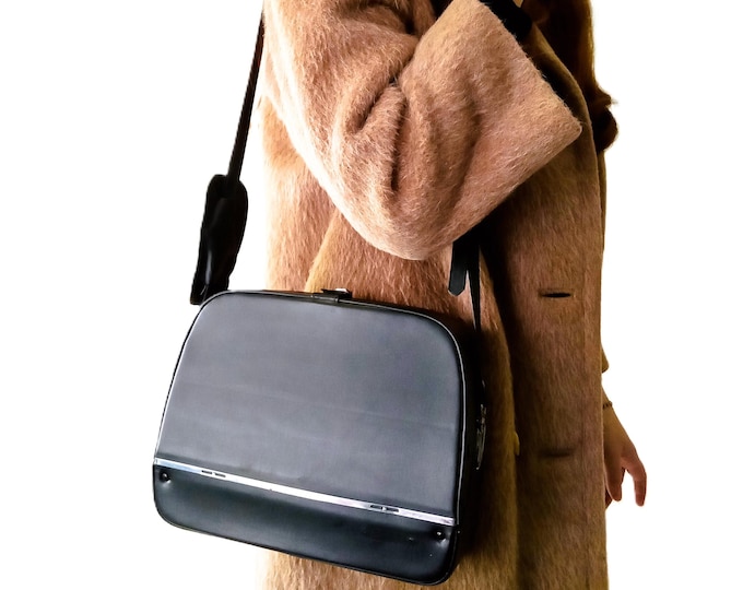 Sac bandoulière noir vintage années 70 - Sacoche cuir pour camera super 8 - Intérieur velours