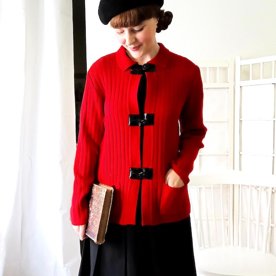 Gilet rouge vintage 80s 90s Pauporté maille côtelée laine empiècements simili cuir poche cardigan chic T40 (L)