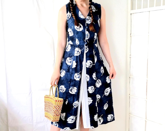 Robe longue vintage bohème effet superposé bleu tulipes coton Fiorella di Verdi années 90 M (38)