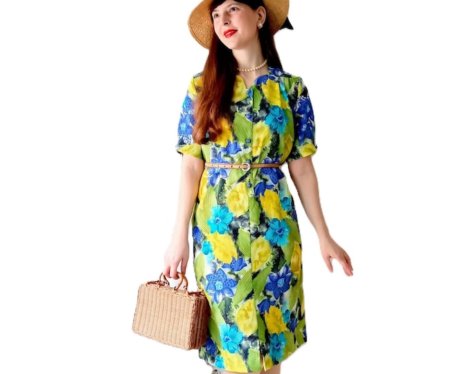 Robe Vintage 80s Esprit Pin-up 40s, Motif Floral Jaune & Bleu, Col Festonné, Coupe Midi, Fabriqué en France, L (40)