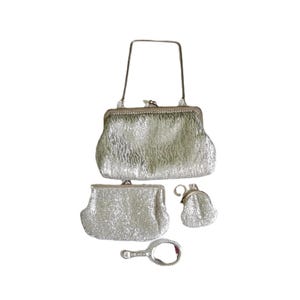 Vintage 1960s Metallic Evening Bag - Silver Clutch with accessories - Pocket Mirror & Coin Purse - Unique Gift Idea