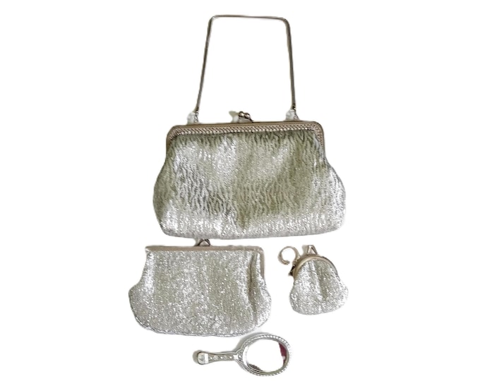 Vintage 1960s Metallic Evening Bag - Silver Clutch with accessories - Pocket Mirror & Coin Purse - Unique Gift Idea