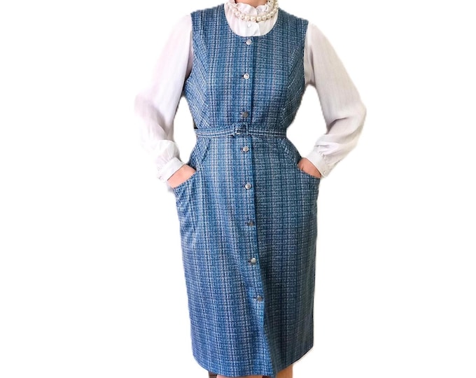 Robe Midi Rétro Carreaux Bleu Sans Manche – Vintage Années 80 – Style Années 50 Rockabilly Pin-Up – XL(42)