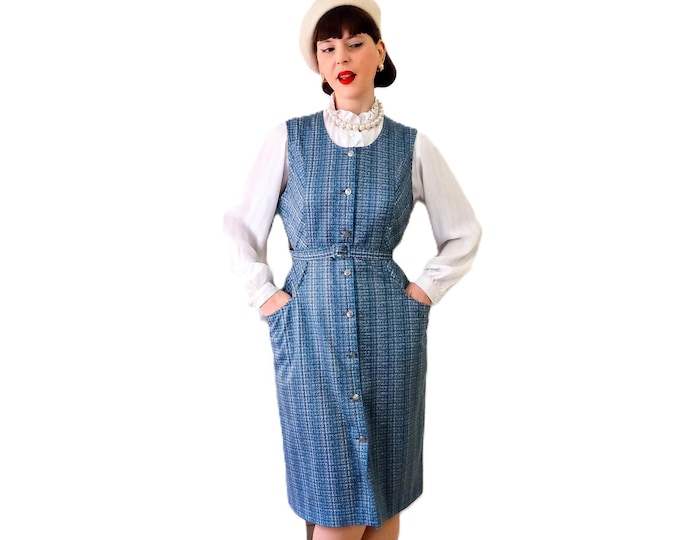 Robe Midi Rétro Carreaux Bleu Sans Manche – Vintage Années 80 – Style Années 50 Rockabilly Pin-Up – XL(42)