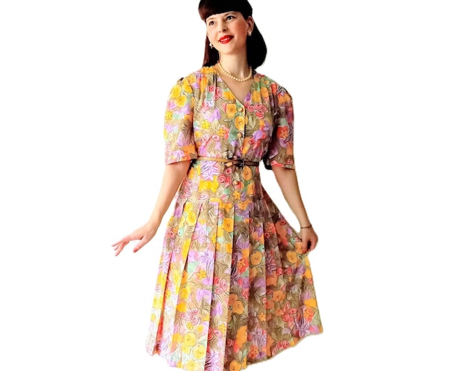 Retro Floral Plus Size Dress - Vintage 80s - Autumn Colors - Decorative Buttons - 50s Inspired - XXL/XXXL