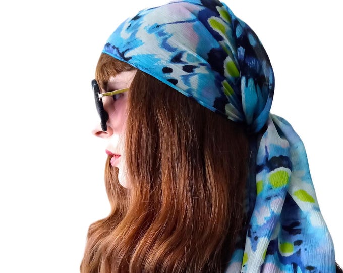 Vintage 70s Boho Blue Scarf – Funky Hippie Disco Style – Retro Gift Idea