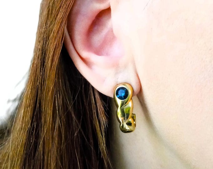 Boucles d'Oreilles Clips Vintage Années 80 - Dorées avec Pierre Bleue Saphir - Bijoux Rétro Chic