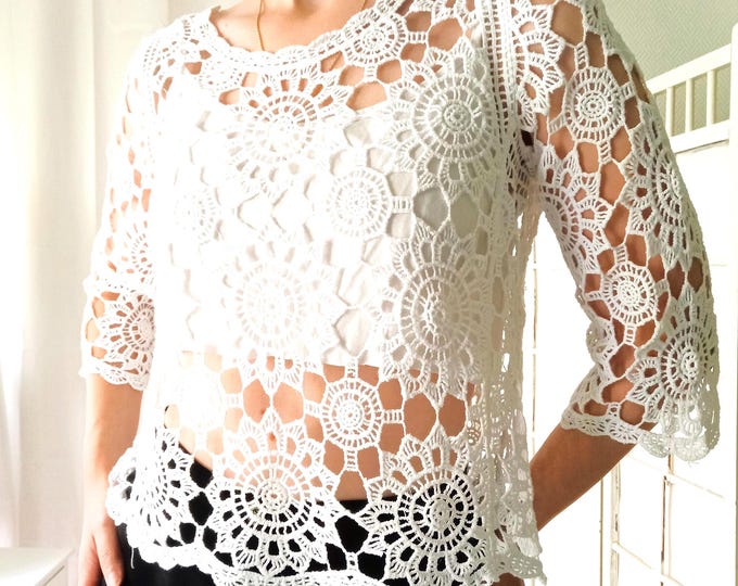 Top en crochet blanc 100 % coton vintage 90s style bohème L (40)
