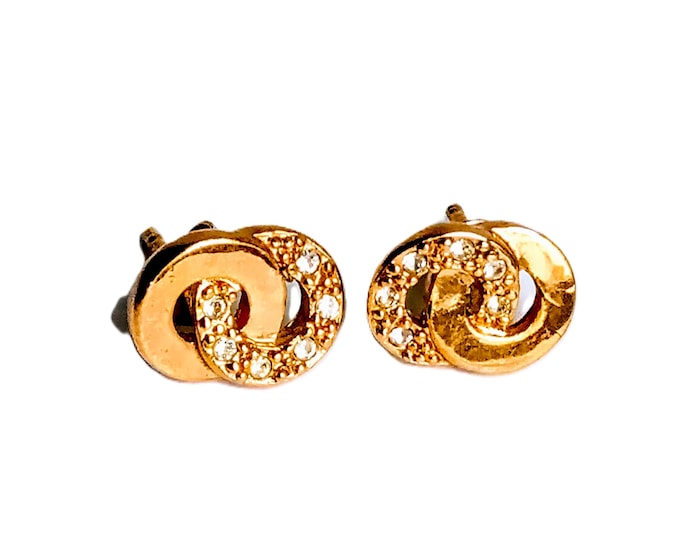 Vintage Gold-plated Interlaced Bow Earrings – Made in France – Shiny Rhinestones – Women’s Gift Idea