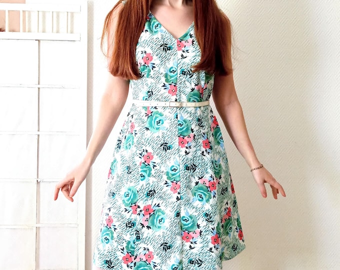 Robe Floral Vintage Années 60 - Longueur Genou - Esprit Sixties Babydoll - Taille XL (42)